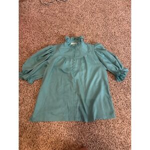 Umgee USA Womens Top Medium Turquoise Blue Ruffle Collar Puff Sleeve Blouse